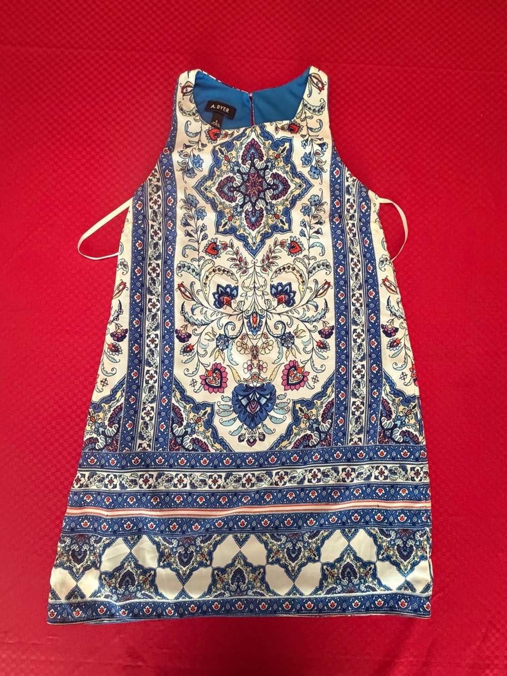 A. Byer Cream and Blue Paisley Mini Dress